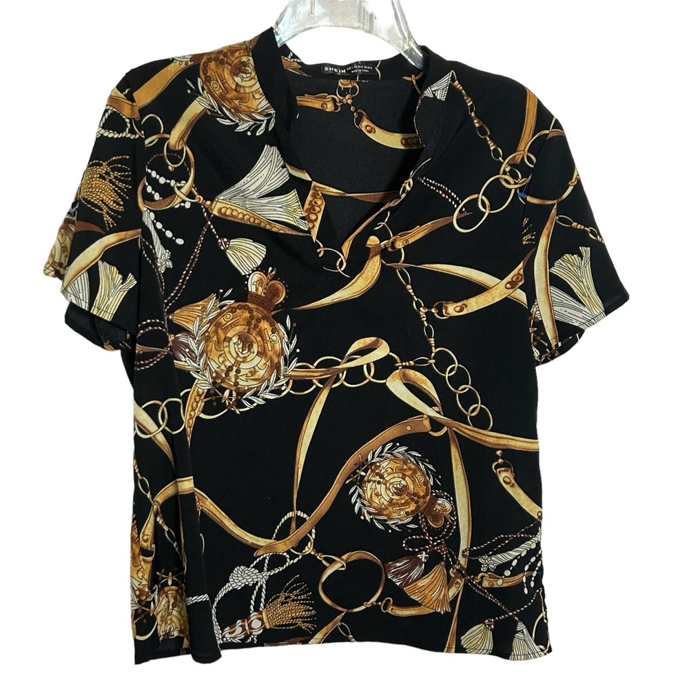 SHEIN blouse with Chanel vibes. Size 8/10. Short sleeve. Gold, black and white.